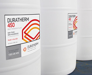 Drums of non-toxic Duratherm 450 thermal fluid for process heating and cooling.